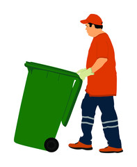 Worker with recycle bin collects leaves vector illustration isolated on white background. Cleaning street cleaner man. Communal Garbage collector. Landscaper outdoor activity. City sanitation.