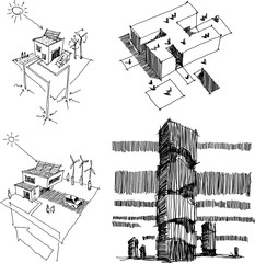 four hand drawn architectectural sketches of a modern architecture and modern detached house with alternative energy sources