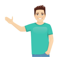 Young man in casual clothes presenting something isolated vector illustration