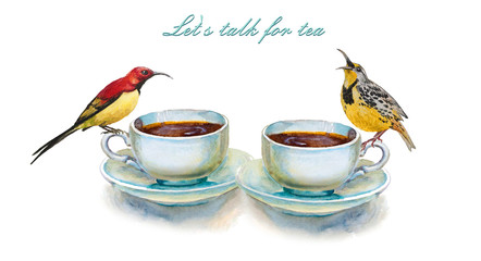 Party colorful tea cups and saucers with two yellow birds closeup. Let's talk for tea. Sketch handmade. Postcard for Valentine's Day. Watercolor illustration. - 254062797