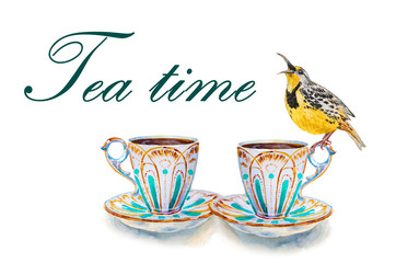 Party colorful tea cups and saucers with two yellow birds closeup. Let's talk for tea. Sketch handmade. Postcard for Valentine's Day. Watercolor illustration.