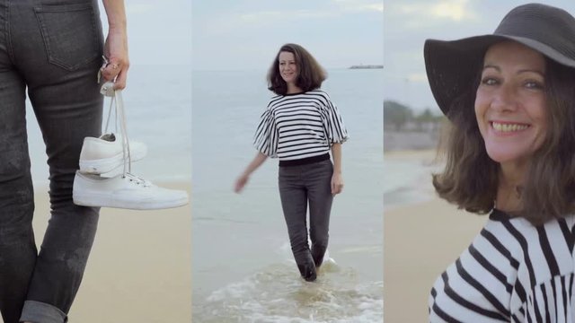 Collage of middle-aged Caucasian woman with dark curly hair in striped pullover, walking along seashore, playing with waves, looking at camera, smiling. Leisure, lifestyle concept