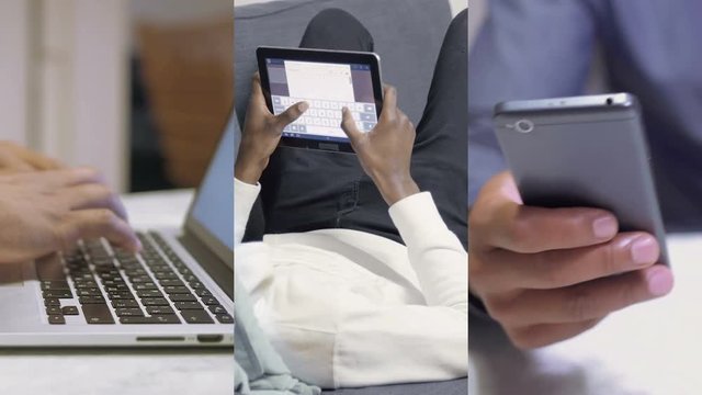 Collage of closeups of male hands typing on tablet, laptop and smartphone. Work, communication concept