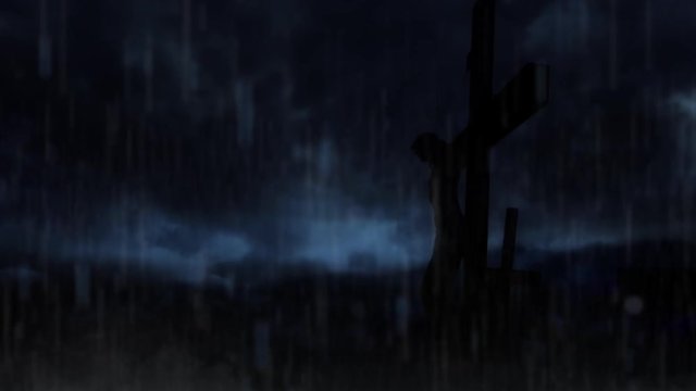 Heaven Weeps Good Friday on the Cross 4K features a side view silhouette of Christ on the cross with a storm rolling in with rain and lightning