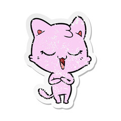 distressed sticker of a happy cartoon cat