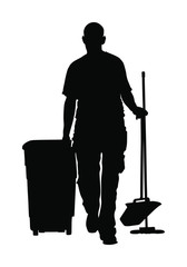 Floor care and cleaning services with washing mop in sterile factory or clean hospital. Cleaning man service vector silhouette illustration.  trash bin with worker cleaning the road background.