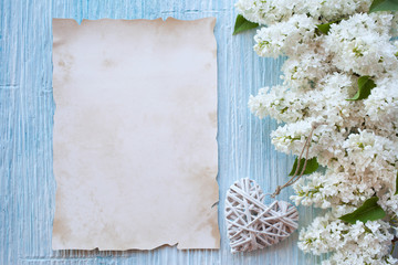 White lilac on a blue background and paper for text.