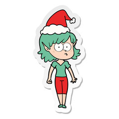 sticker cartoon of a elf girl staring wearing santa hat