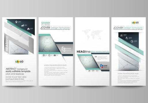 Flyers set, modern banners. Business templates. Cover design template, vector layouts. Genetic and chemical compounds. Atom, DNA and neurons. Medicine, chemistry, science concept. Geometric background