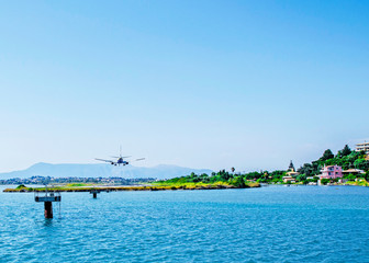 The airplane is landing under the sea in Corfu airport