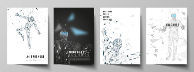 The vector layout of A4 format modern cover mockups design templates for brochure, magazine, flyer, booklet, annual report. Man with glasses of virtual reality. Abstract vr, future technology concept.