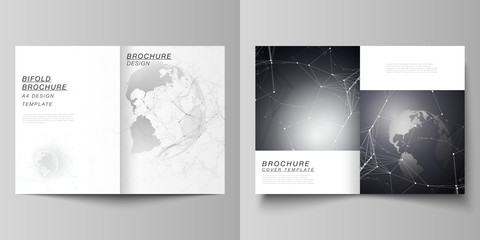 Vector layout of two A4 format cover mockups design templates for bifold brochure, flyer, report. Futuristic design with world globe, connecting lines. Global network connections, technology concept.