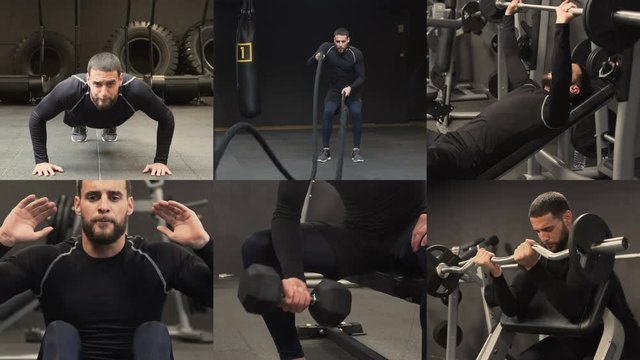 Collage of athletic muscular handsome young man with beard in black sportswear exercising in gym, doing different exercises. Training or healthy lifestyle concept.