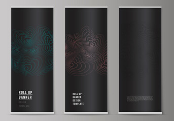 The vector illustration of the editable layout of roll up banner stands, vertical flyers, flags design business templates. Topographic contour map, abstract monochrome background.