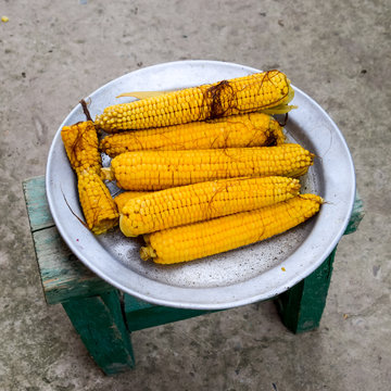 Boiled corn on an aluminum tray. Yellow boiled young corn, useful and tasty food