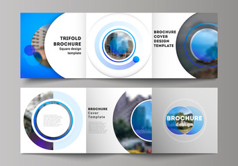 The minimal vector editable layout of square format covers design templates for trifold brochure, flyer, magazine. Creative modern blue background with circles and round shapes.