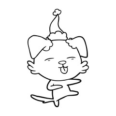 line drawing of a dog dancing wearing santa hat