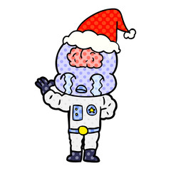 comic book style illustration of a big brain alien crying wearing santa hat