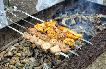 Meat on skewers, cooked on a charcoal grill on hot coals.