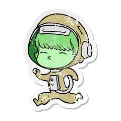 distressed sticker of a cartoon curious running astronaut
