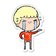 distressed sticker of a cartoon man crying