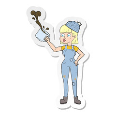 sticker of a cartoon female worker with coffee mug
