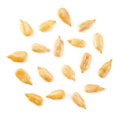 Close Up - Peeled Sunflower seeds isolated on white background. Top view.