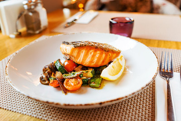 salmon with roasted vegetables, dinner in the restaurant
