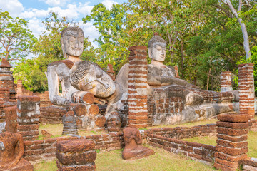 Group of Buddha statues at Wat Phra Kaeo temple in Kamphaeng Phet Historical Park, UNESCO World Heritage site