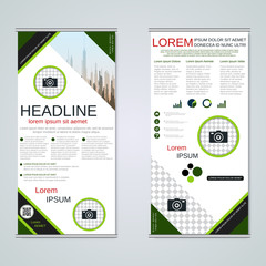 Modern roll-up abstract geometric style business banners, two-sided flyer vector design template