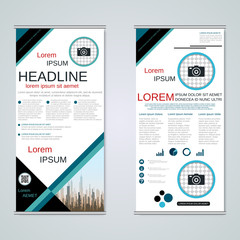 Modern roll-up abstract geometric style business banners, two-sided flyer vector design template