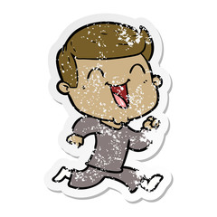 distressed sticker of a cartoon happy man