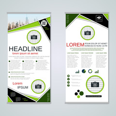Modern roll-up abstract geometric style business banners, two-sided flyer vector design template