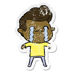distressed sticker of a cartoon man crying