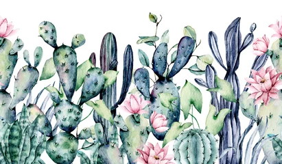 Foto op Canvas Watercolor cacti, seamless border, hand drawn flower illustration. Perfect for floral design greeting card, blog, site, banner, wedding invitation. Isolated on white.  Cacti collection. © Larisa