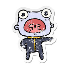 distressed sticker of a cartoon weird alien communicating