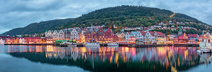 Historical buildings on the street in Bergen , Norway - obrazy, fototapety, plakaty
