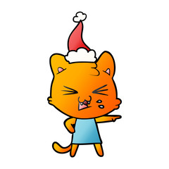 gradient cartoon of a hissing cat wearing santa hat