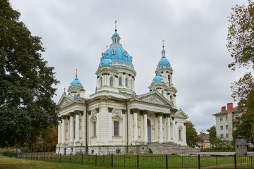 Fototapeta na wymiar Trinity Cathedral in Sumy, Sumska oblast, Ukraine. Religious building, Orthodox Christian cathedral with blue domes.