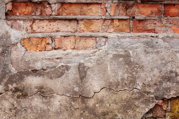 Old brick wall with scratches, cracks, dust, crevices, roughness. Can be used as a poster or background for design.