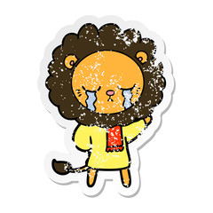 distressed sticker of a crying cartoon lion