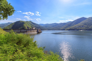 Bhumibol Dam with hydroelectric power plant and reservoir lake on Ping River, Tak, Thailand 