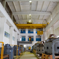 Engines of water pumps at a water pumping station. Pumping irrig