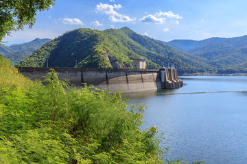 Bhumibol Dam with hydroelectric power plant and reservoir lake on Ping River, Tak, Thailand 
