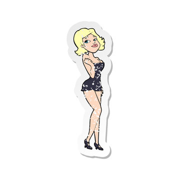 retro distressed sticker of a cartoon attractive woman in short dress