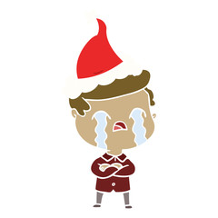flat color illustration of a man crying wearing santa hat