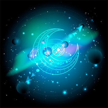 Vector illustration of Sacred or mystic symbol against the space background with planets and stars.