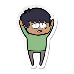sticker of a cartoon exhausted boy