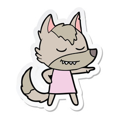 sticker of a friendly cartoon wolf girl pointing