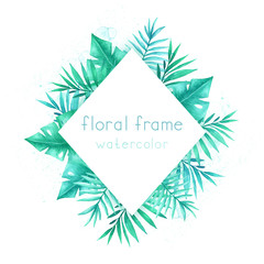 Frame with watercolor tropical leaves and branches.